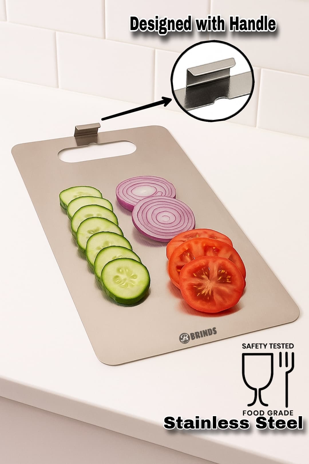 BRINDS Stainless Steel Chopping Board with Handle - Cutting Board | Chopper Board (32 x 20 cm - Reqular Lite)