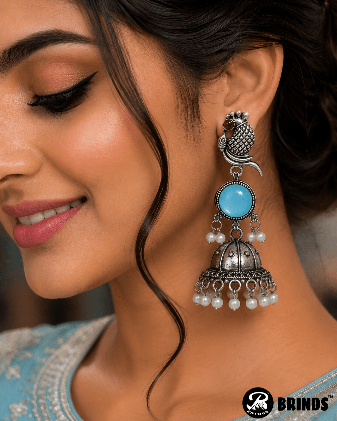 BRINDS Peacock Earrings - SKYBLUE Stone Oxidised Silver Jhumka