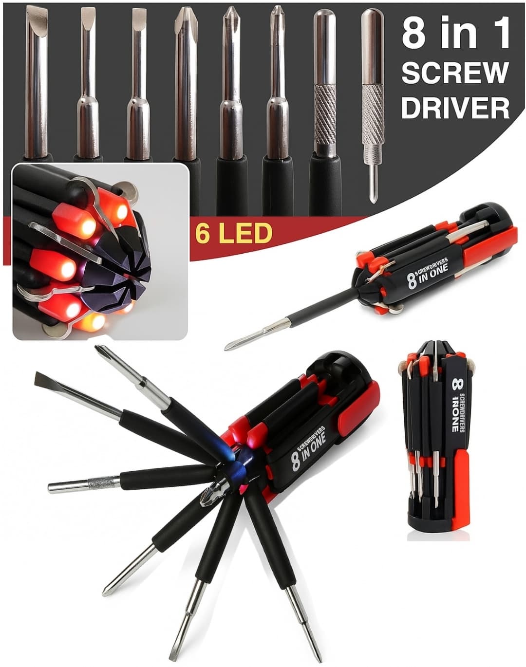 BRINDS 8 in 1 Multi Screwdriver Set with 6 LED Torch - 8 in 1 Screwdriver Set with Magnetic Heads for Home, Office, Service, Industries - Battery Powered