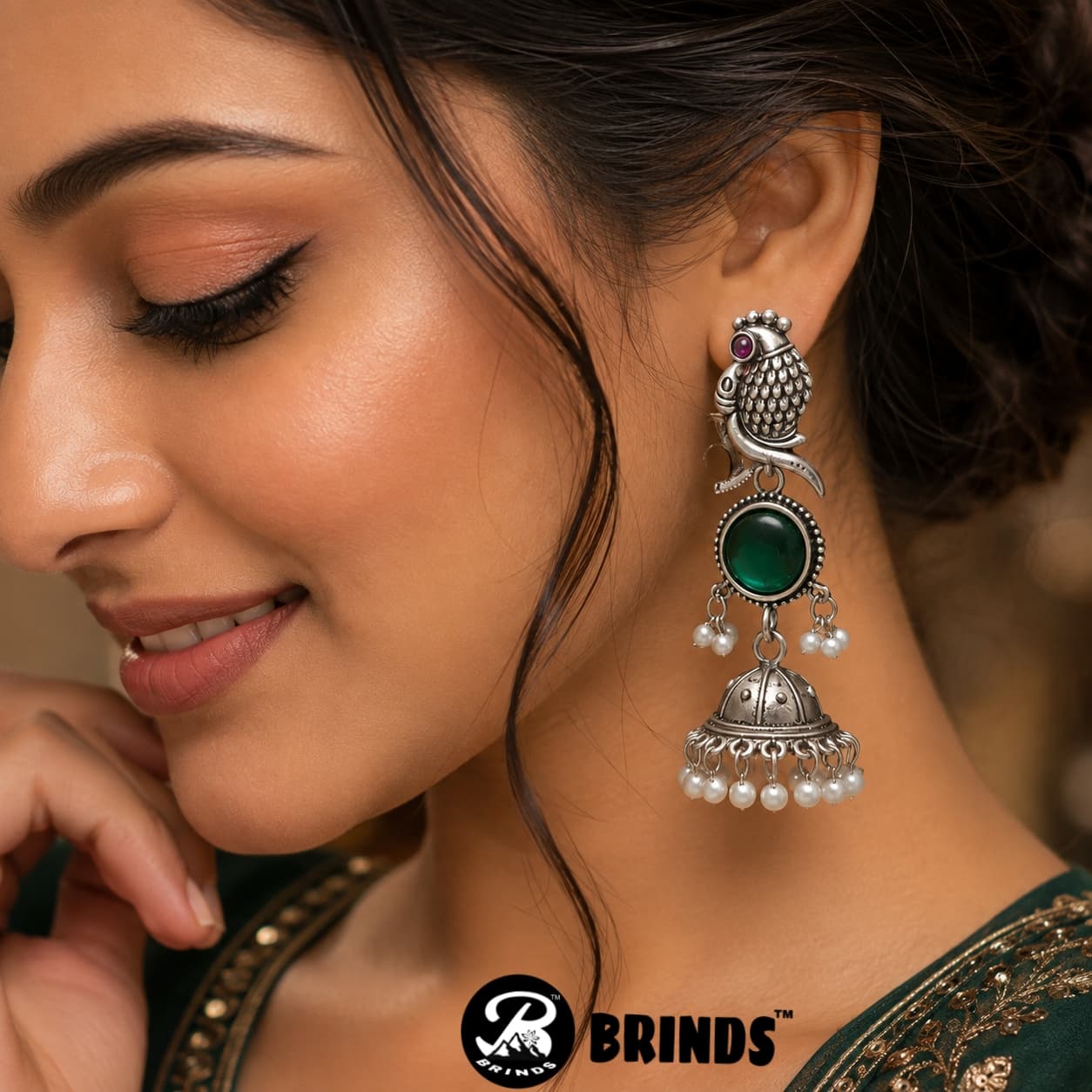 BRINDS Peacock Earrings - GREEN Stone Oxidised Silver Jhumka