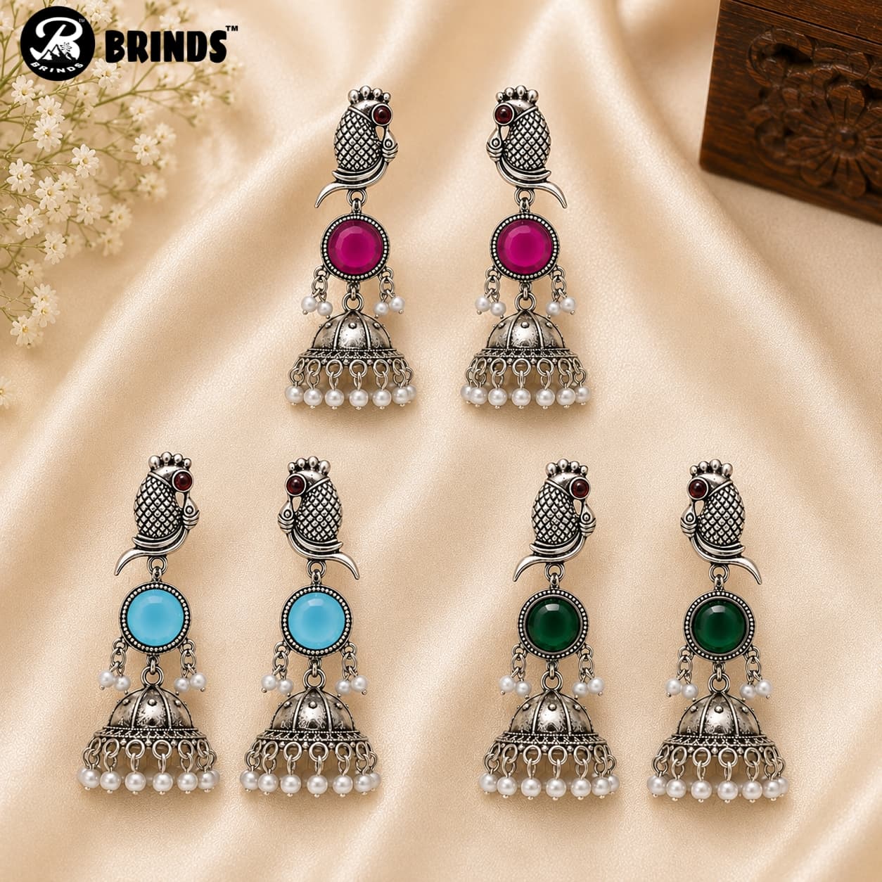 BRINDS Peacock Earrings - 3 Set Multi-colour Oxidised Silver Jhumka